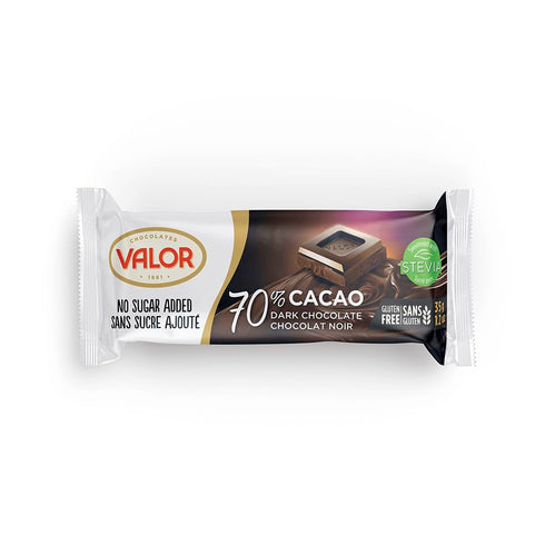 70% 35g (1.23oz). Pack 20 Valor. Impulse. Cocoa Dark Chocolate. No sugar added. of individual bars in display box.