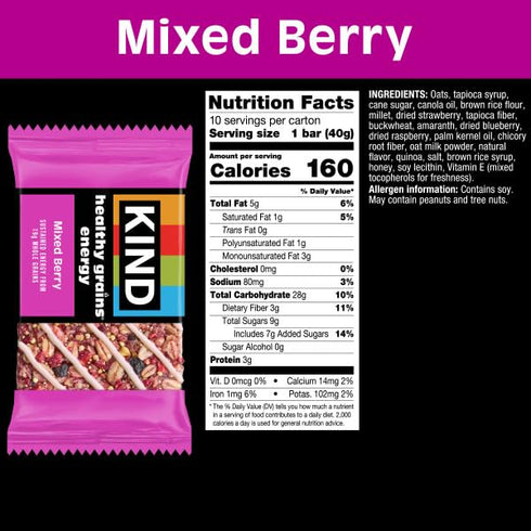 19g 10 Count KIND Healthy Grains Energy Bars, Mixed Berry, Gluten Free, Healthy Snacks, Whole Grains