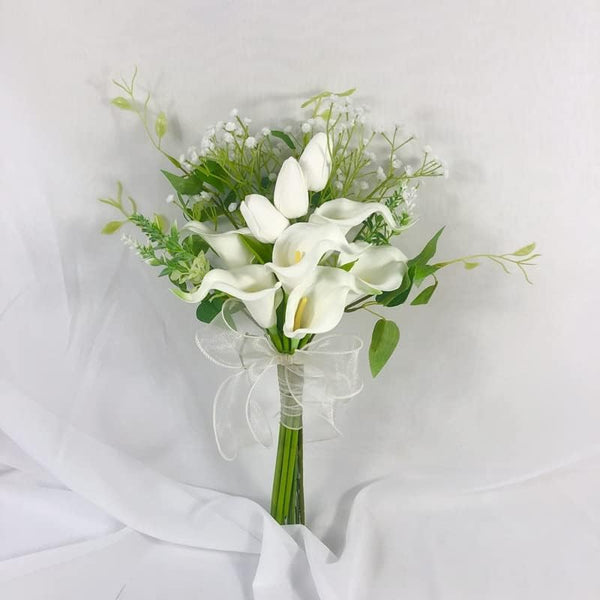 HXSCOO Bridesmaid Bouquet Calla Lilies White Tulip Wedding Flowers Bunch Real Touch Bouquet