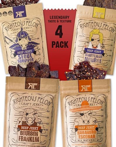 Righteous Felon Beef Jerky Variety Pack, Gluten Free Snack Packs for Adults, High Protein, Keto, Low Sugar, 4 Pack