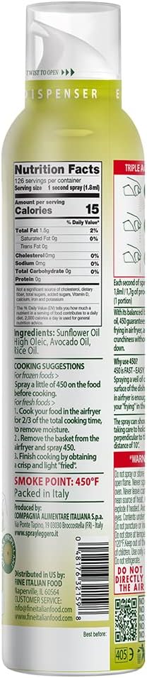 450F (Pack 1) Mantova Air Fryer Spray Smoke Point - All-Natural High-Heat Cooking Oil - Perfect for Air Fryers