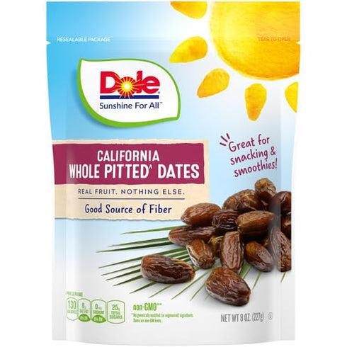 8 Oz Dole California Whole Pitted Dates, Dried Fruit, Gluten Free Snack, Bag