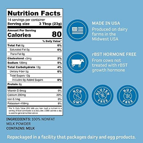 11.25 Oz Judee's Gluten Free Non-Fat Dry Milk Powder - Versatile Baking & Cooking Powdered Milk - High-Protein