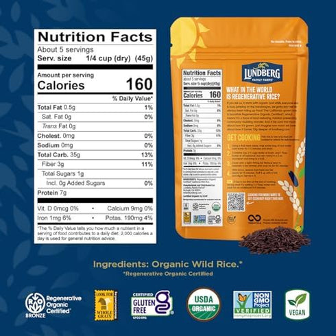 3-Pack 100% 8 Oz Lundberg Wild Rice, Regenerative Organic Certified, Natural California Cultivated Wild Black Rice, Ea