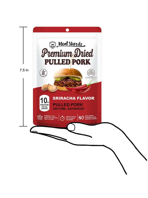 4 Pack) Backpacking Meat Shredz - Premium Dried Pulled Pork (Sriracha Flavor, | Gluten Free | High Protein & Low Sugar