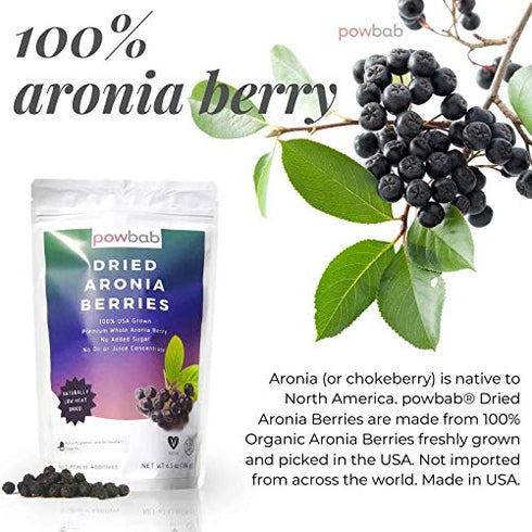 powbab Dried Aronia Berries, 100% USA Grown Organic Chokeberry, No Added Sugar, Whole Black Chokeberry (6.5 oz)