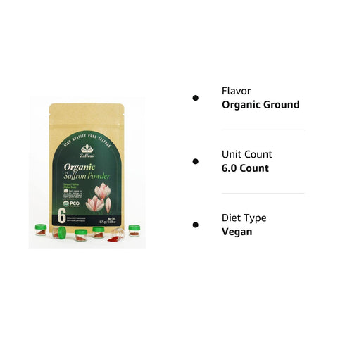 Zaffrus - Certified Organic Premium Saffron Powder for Cooking, Pack of 6 (.75 gram)