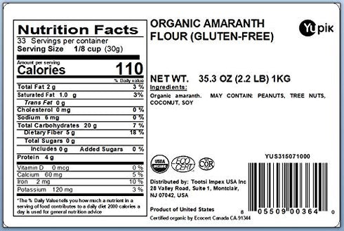 2.2 lb (35.2 oz), Yupik Organic Amaranth Flour USDA Certified, Gluten-Free, Non-GMO, Vegan, Kosher, Finely Milled Nutty