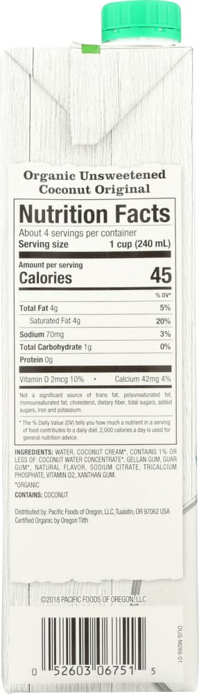 Pacific Natural Foods 32 oz 2 Organic Coconut Beverage Unsweetened Original -- fl - pc
