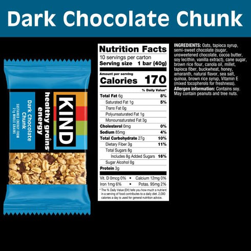 21g 10 Count KIND Healthy Grains Energy Bars, Dark Chocolate Chunk, Gluten Free, Healthy Snacks, Whole Grains