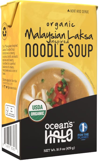 16.9 oz Ocean's Halo Organic Coconut Curry Noodle Soup, USDA Certified Organic, Vegetarian, Shelf-Stable, (Malaysian