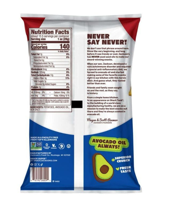 Jackson's Honest 13.5 oz 1 Jackson's Kettle Cooked Sea Salt Potato Chips with Avocado Oil, Non-GMO, Gluten Free, Bag