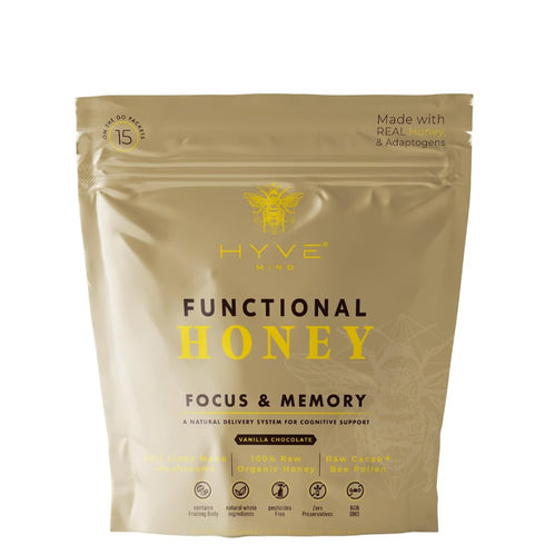 15 Packets HYVE Mind Functional Honey Focus & Memory Organic Honey with Lion's Mane Mushrooms, Raw Cacao, Bee Pollen