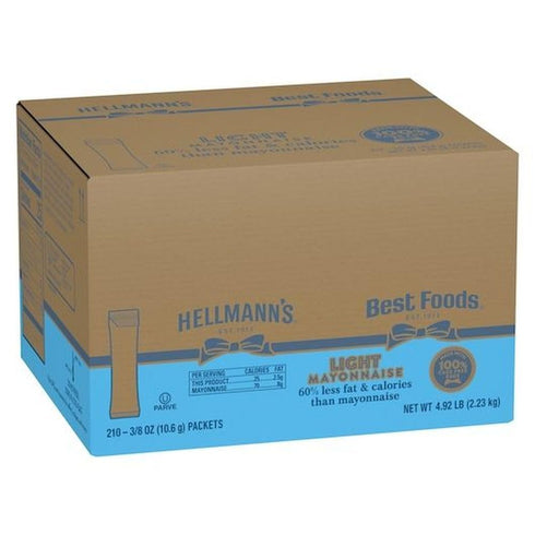 HELLMANN'S Packets 100% 0.38 oz, Pack 210 Light Mayonnaise Stick Easy Open, Condiment for Sandwiches, Salads, Mayo Made