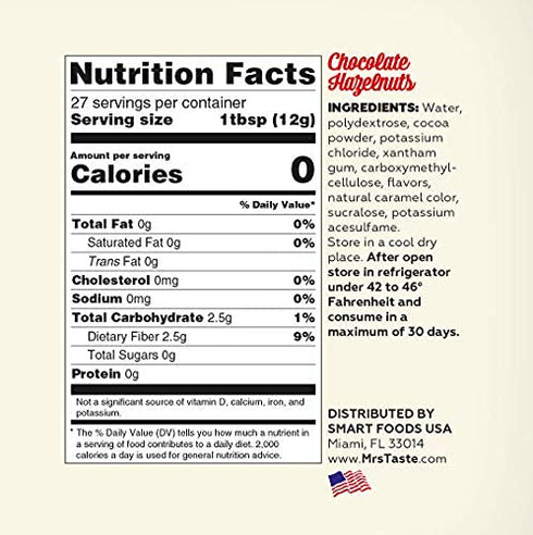 Mrs Taste Sugar Free Chocolate Hazelnut Syrup, Zero Calories, Zero Sodium, Zero Sugar, High Fiber, Keto Friendly, Paleo Friendly, Condiments and Sauces (11 oz, Chocolate Hazelnut Syrup)