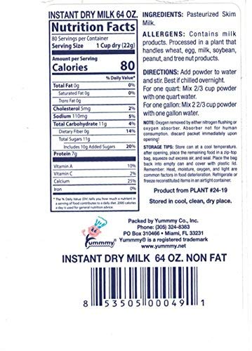 Yummmy 64 oz, Skimmed 64 Oz, Instant Nonfat Powdered Dry Milk - Leche en polvo, Grade A, Kosher Halal Certified, Made