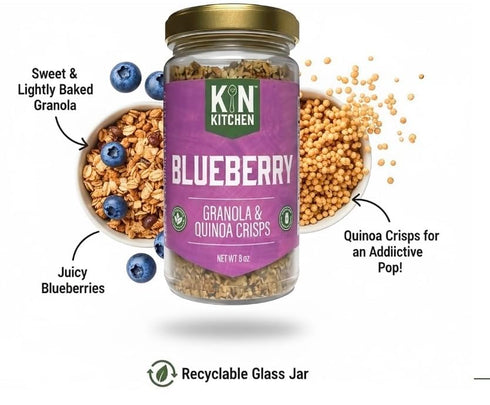 Pack Kin Kitchen non-GMO Granola & Organic Quinoa Crisps, in a Glass Jar Recyclable and Resusable. Made with Real