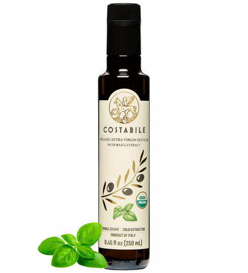 100% Basil & Hot Chili Combo. Infused Extra Virgin Olive Oil. All-natural olive oils. Italian. COSTABILE