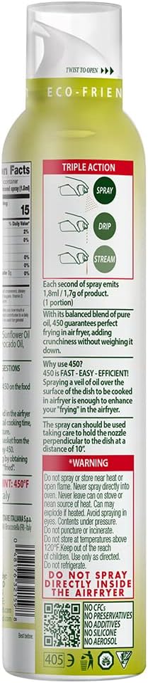 450F (Pack 1) Mantova Air Fryer Spray Smoke Point - All-Natural High-Heat Cooking Oil - Perfect for Air Fryers
