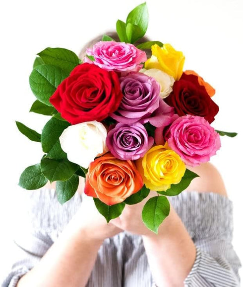 Dozen From You Flowers - One Rainbow Roses with Glass Vase | Fresh Flower Bouquets for Mother's Day, Birthday