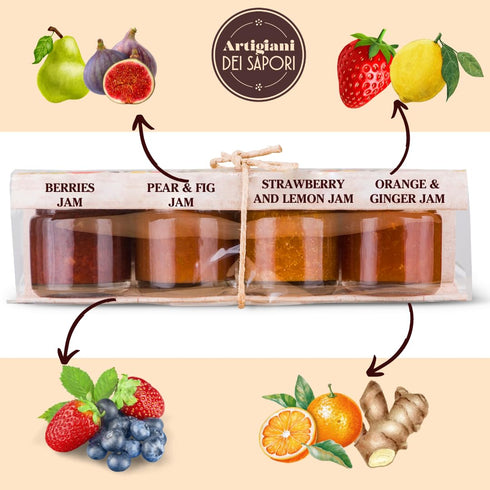 1.3 oz Pack 4 ARTIGIANI DEI SAPORI - Mini Marmalade, Jam Sweet Spread Gifts each, Mixed Berries Jam, Strawberry