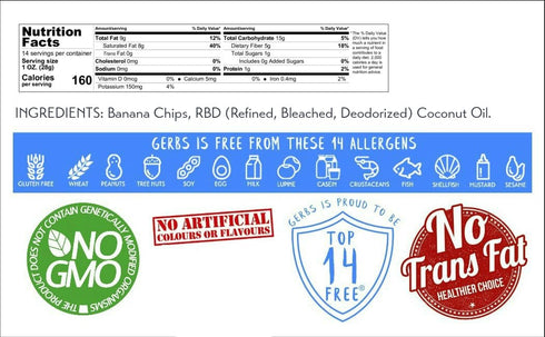 14 oz. 14 Gerbs Unsweetened Banana Chips | Unsulfured, No Artificial Additives, Resealable Bag | Naturally Crisp