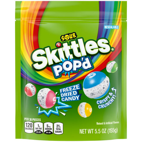5.5 Oz Skittles Pop'D Sour Freeze Dried Candy Assortment, Resealable Bag