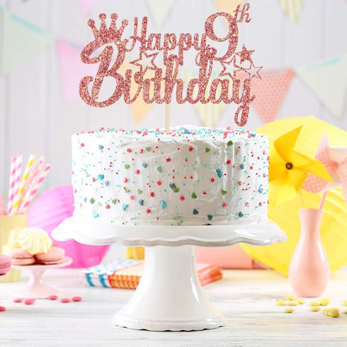 Rose Gold Glitter Happy 9th Birthday Cake Topper - Kids 9th Birthday Anniversary Party Decoration Supplies