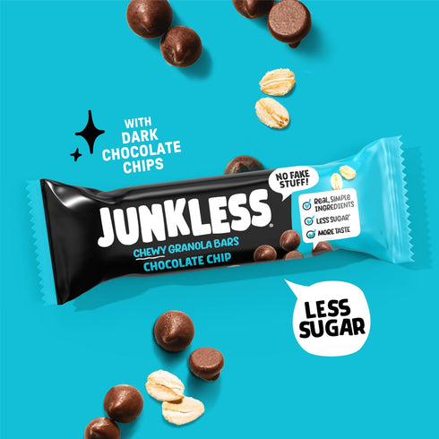 48 Pack 8 JUNKLESS Chewy Granola Bar Bar Family Chocolate Chip Less Sugar, NonGMO, GlutenFree, Wholesome Snack Bars