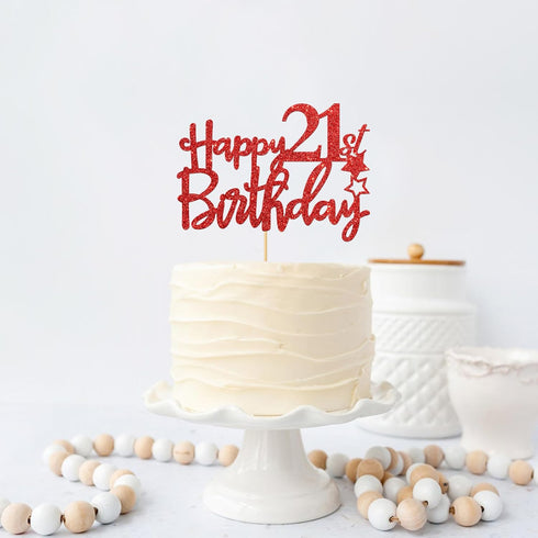 Red Glitter Happy 21st Birthday Cake Topper - 21Sign Cake Topper, Cheers to 21 Years Party Supplies