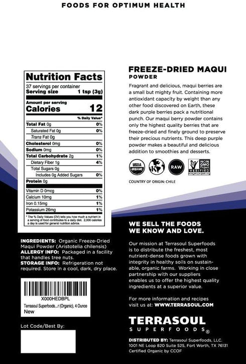 4 Oz, Immune Terrasoul Superfoods Organic Maqui Berry Powder, Freeze-Dried, Antioxidant-Rich Superfood for Smoothies