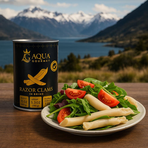 15 oz Aqua Gourmet Premium Razor Clams in Brine, Chilean Patagonian Shellfish, Can.