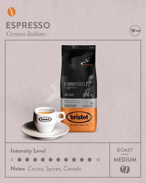 Bristot Espresso Cremoso Italiano Ground Coffee, Medium Roast, 8.8oz (250g) Bag