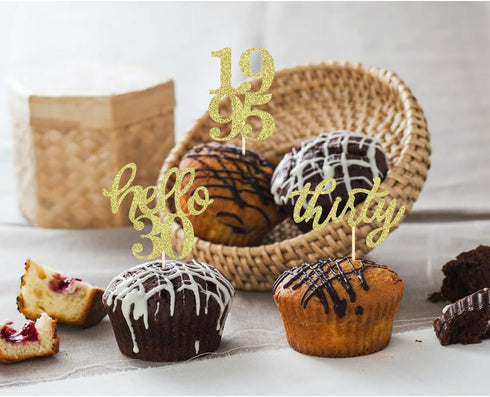 24 Pcs Gold Glitter 30th Birthday Cupcake Toppers for 30th Anniversary Party Wedding Decorations