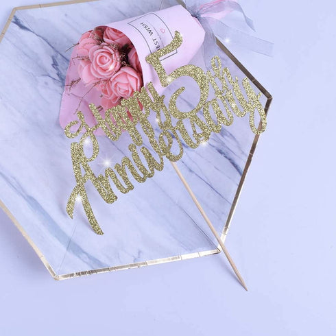 5th Anniversary Party Decoration, Gold Glitter Cake Topper