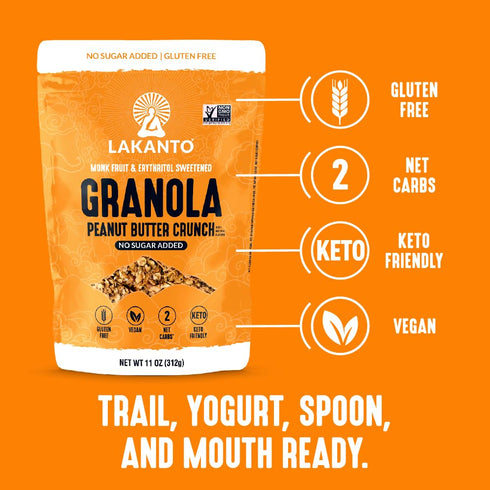 2g 11 oz Lakanto Peanut Butter Crunch Granola - Quick Breakfast Cereal, Monk Fruit Sweetner and Erythritol, No Sugar