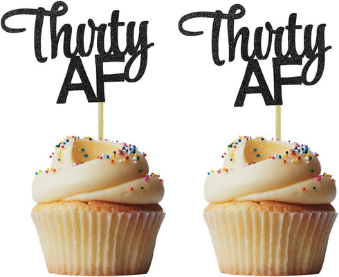 Morndew 24 PCS Black Glittery Thirty AF Cupcake Toppers for 30th Birthday, Anniversary, Retirement Party Decorations