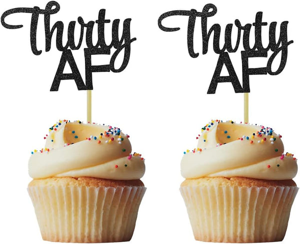 Morndew 24 PCS Black Glittery Thirty AF Cupcake Toppers for 30th Birthday, Anniversary, Retirement Party Decorations