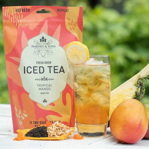 15ct, 2 Harney & Sons Tropical Mango Fresh Brew Iced Tea Bags, Each Bag brews Quarts, Fresh Brew Refreshing Iced Tea