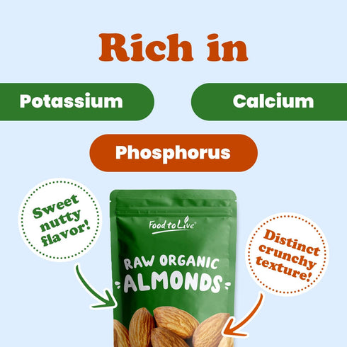 4 Food to Live - Organic Imported Raw Almonds, Pounds Non-GMO, Whole, Raw, No Shell, Unpasteurized, Unsalted, Vegan