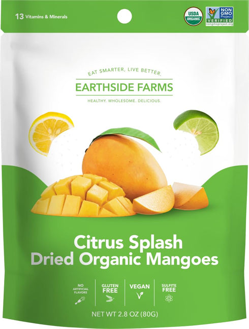 Pack 2.8oz 4pack Earthside Farms Dried Organic Mango Variety Original Citrus Splash Lime Kick and Peach Paradise Gluten