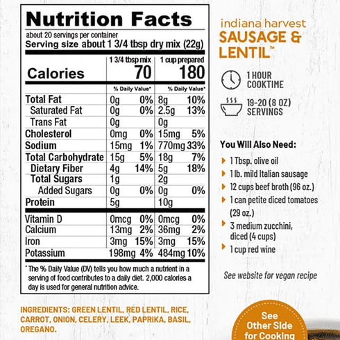 16 oz, 2 Frontier Soups Hearty Meals indiana harvest Sausage & Lentil, pk