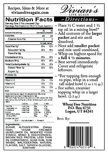 Vivian's Live Again Vegan Whipped Cream Replacement, Dairy Free, Soy Free, Gluten Free, Coconut Free - Single Packet