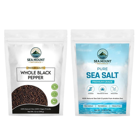 Sea Mount Naturals Whole Black Peppercorns 12 oz & Pure Sea Salt