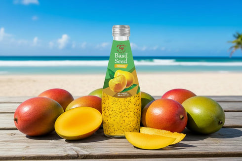 TAJ Gourmet Foods 290ml 6-Pack TAJ Mango Basil Seed Drink, Naturally Refreshing & Cooling, Glass Bottle