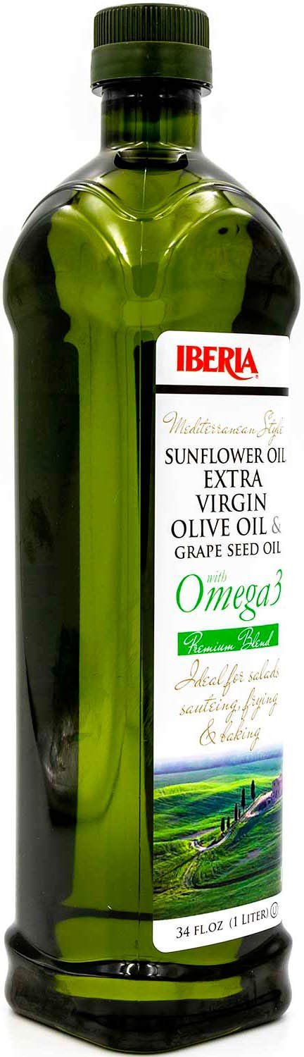 Iberia Mediterranean Style Omega 3 Cooking Oil, 34 fl oz, Blend of Extra Virgin Olive Oil, Grapeseed Oil, Sunflower Oil and Fish Oil