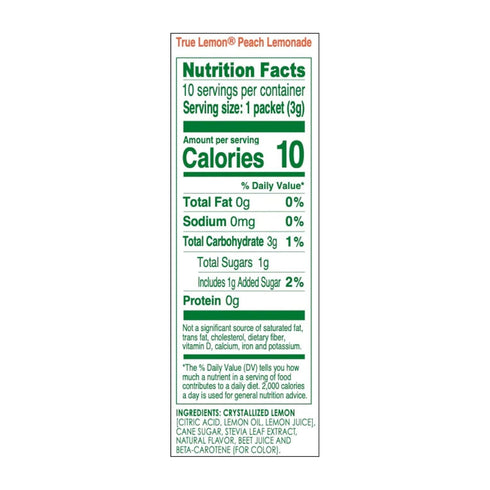 10ct (Pack 1) Packets True Lemon Peach Lemonade of - Drink Mix - No Artificial Sweeteners, Low Calorie - Powdered Drink