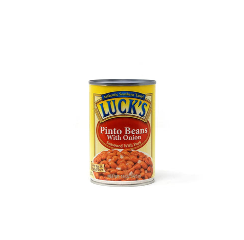 JFS 6-15 Lucks Pinto Beans with Onions, ounce cans full of Plant Protein bundled with Recipe Card