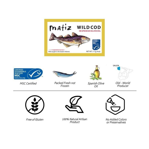 5 Pack Packed Frozen Matiz Wild Cod in Olive Oil | From Spain | | Natural Artisan Wild Caught Fish | Fresh, Never |