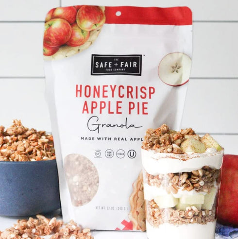 Safe + Fair Honeycrisp Apple Pie Granola – Gluten-Free, Vegan Plant-Based Snack with Real Honeycrisp Apples, 12oz